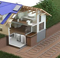 Illustration of geothermal system setup running underground, beneath house